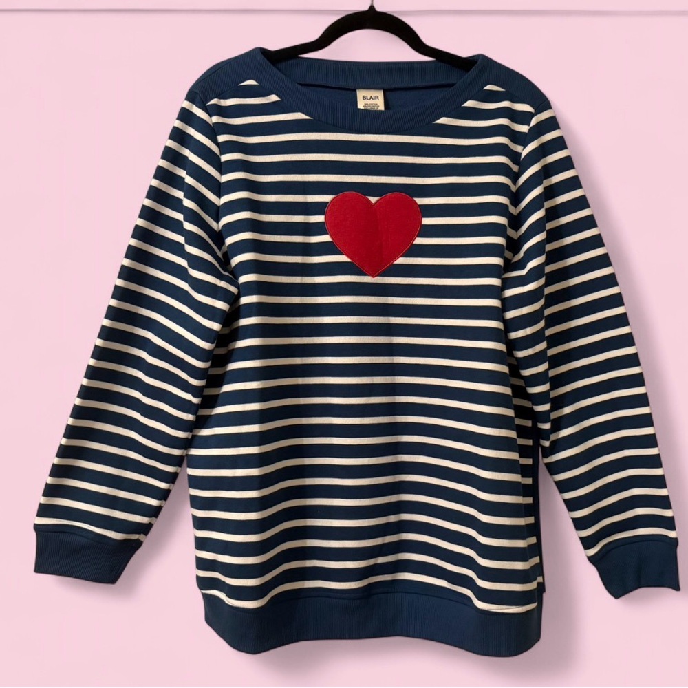 Blair Navy & White Striped Crewneck Sweater with Red Heart Patch